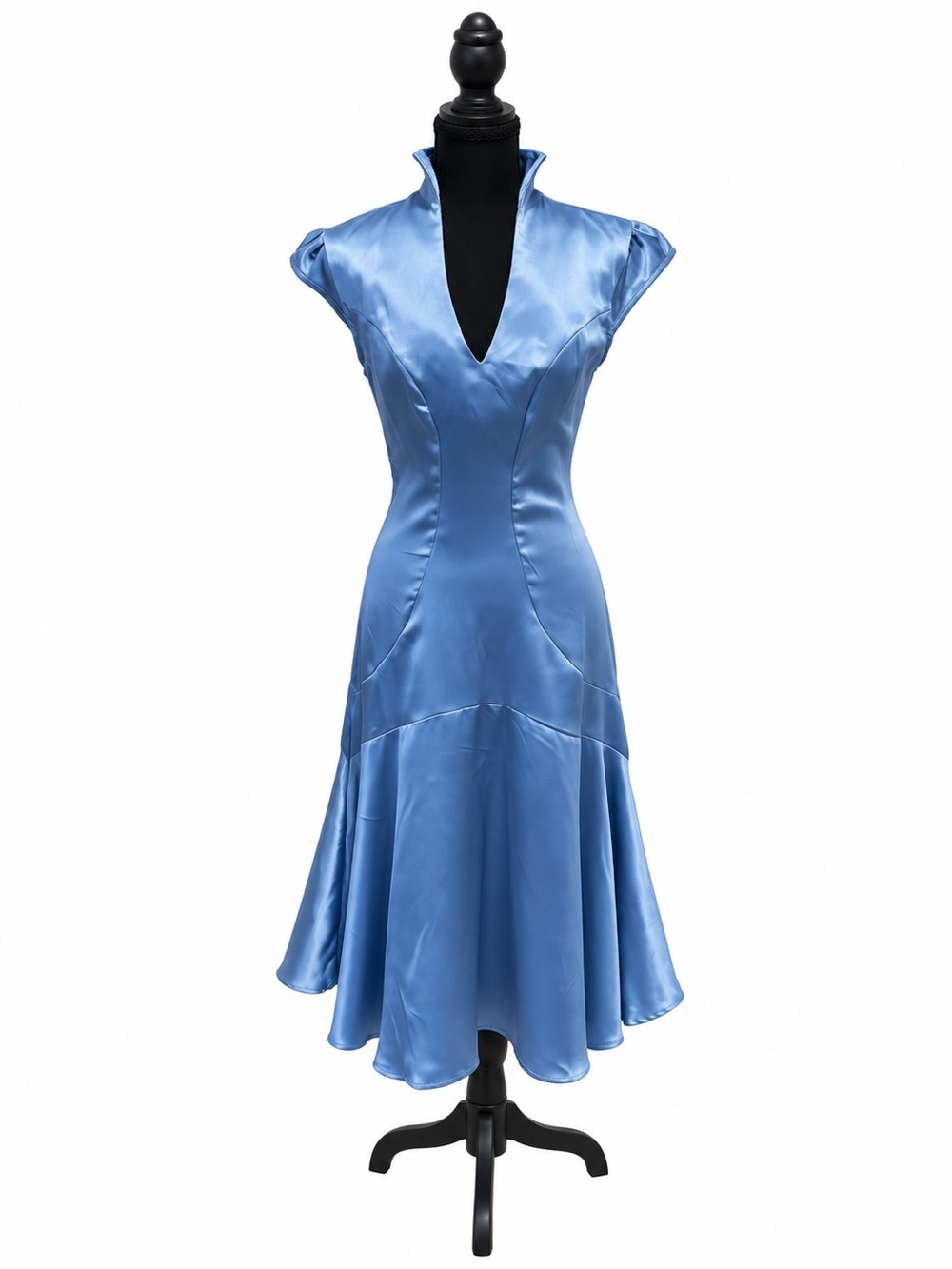 HQ Blue Satin Midi Dress with V-Neck and Cap Sleeves